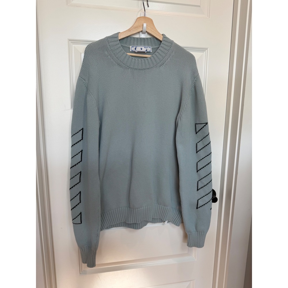 Off-White Arrows Logo Crewneck Sweater Light Blue Grey XXL OMHE087S23KNI001 Mens